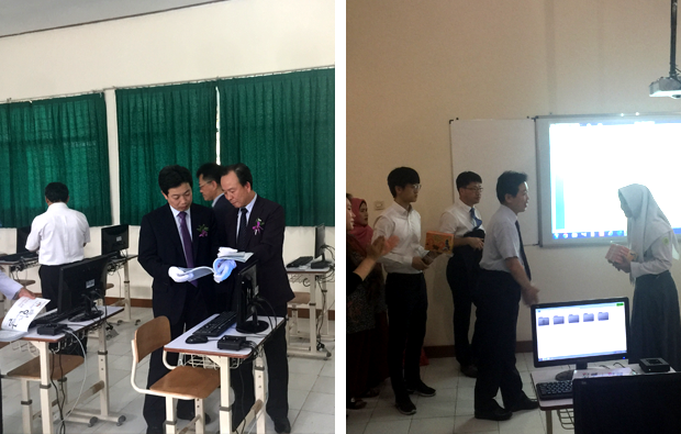 왼쪽사진 찌릴린 고등학교 E-learning 학습장, 오른쪽 사진 한국어 수업 참관 사진